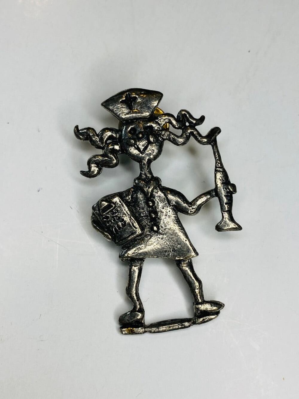 Vintage H Adams Signed Crazy Hair Nurse Lapel Pin Silvertone 2.2"